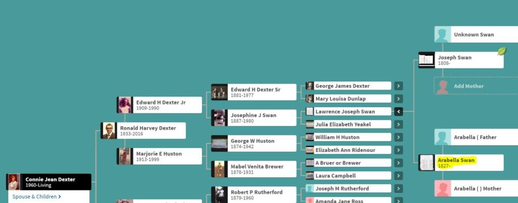 Arabella Swan; George James Dexter Abridged family tree 2019