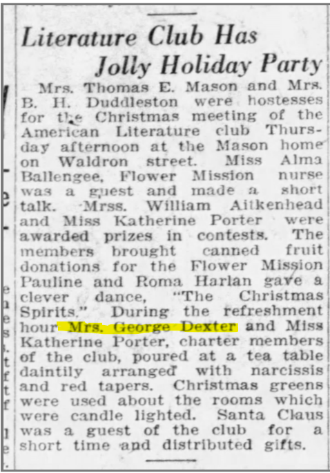 Article about Mary Dexter holiday party from 1927